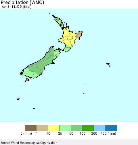 New Zealand Precipitation (WMO) Thematic Map For 4/8/2024 - 4/14/2024