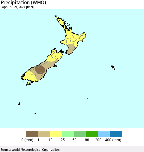 New Zealand Precipitation (WMO) Thematic Map For 4/15/2024 - 4/21/2024