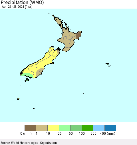 New Zealand Precipitation (WMO) Thematic Map For 4/22/2024 - 4/28/2024