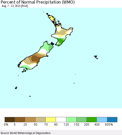 New Zealand Percent of Normal Precipitation (WMO) Thematic Map For 8/7/2023 - 8/13/2023
