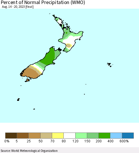 New Zealand Percent of Normal Precipitation (WMO) Thematic Map For 8/14/2023 - 8/20/2023