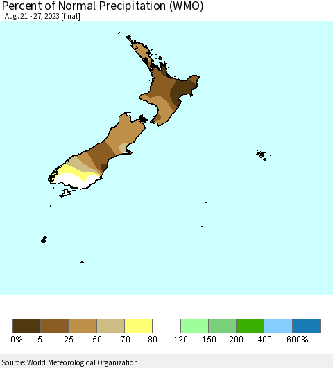 New Zealand Percent of Normal Precipitation (WMO) Thematic Map For 8/21/2023 - 8/27/2023
