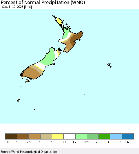 New Zealand Percent of Normal Precipitation (WMO) Thematic Map For 9/4/2023 - 9/10/2023