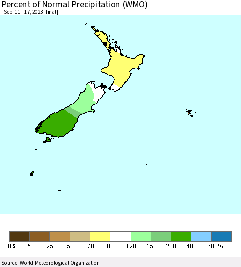 New Zealand Percent of Normal Precipitation (WMO) Thematic Map For 9/11/2023 - 9/17/2023
