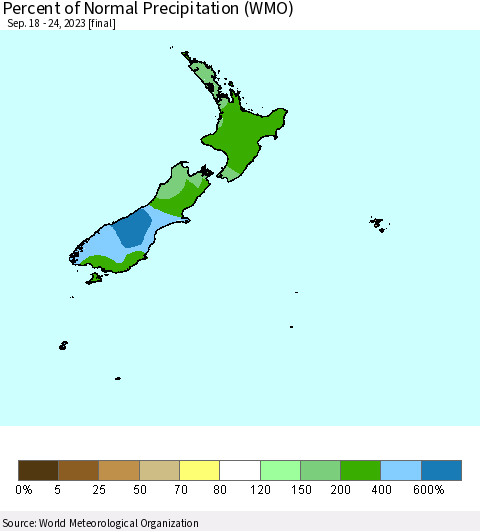 New Zealand Percent of Normal Precipitation (WMO) Thematic Map For 9/18/2023 - 9/24/2023