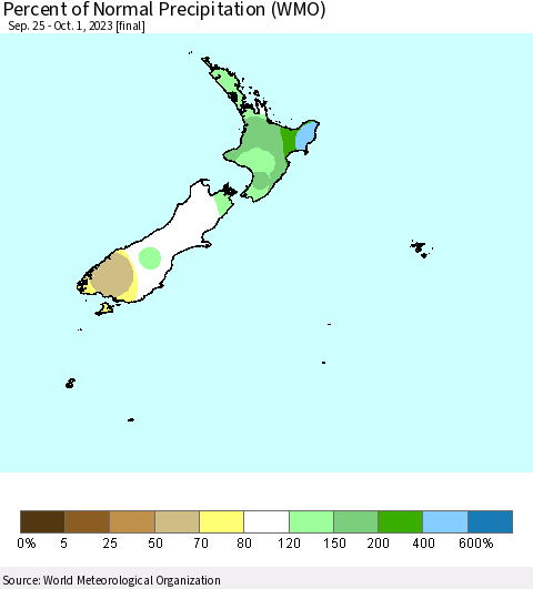 New Zealand Percent of Normal Precipitation (WMO) Thematic Map For 9/25/2023 - 10/1/2023