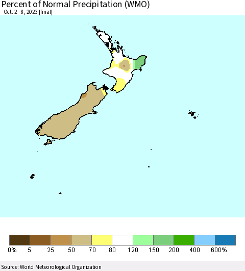 New Zealand Percent of Normal Precipitation (WMO) Thematic Map For 10/2/2023 - 10/8/2023