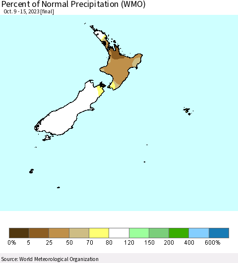 New Zealand Percent of Normal Precipitation (WMO) Thematic Map For 10/9/2023 - 10/15/2023