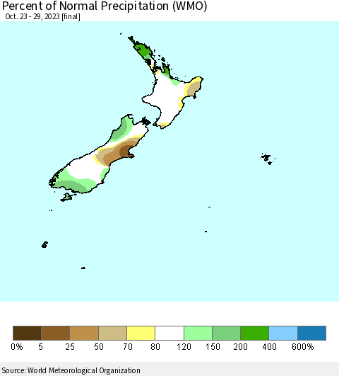 New Zealand Percent of Normal Precipitation (WMO) Thematic Map For 10/23/2023 - 10/29/2023