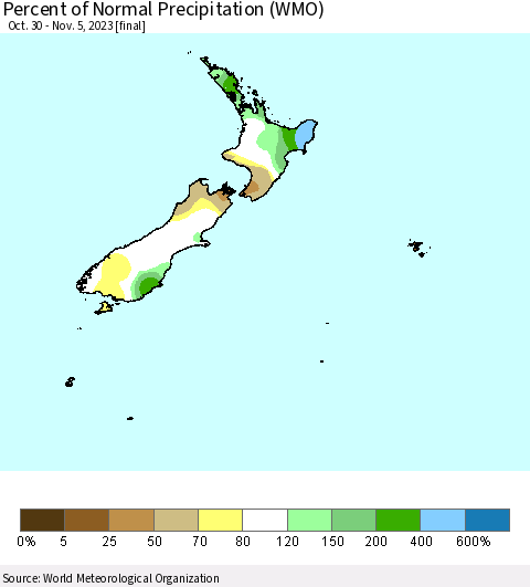 New Zealand Percent of Normal Precipitation (WMO) Thematic Map For 10/30/2023 - 11/5/2023