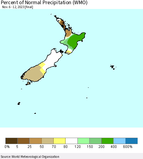 New Zealand Percent of Normal Precipitation (WMO) Thematic Map For 11/6/2023 - 11/12/2023