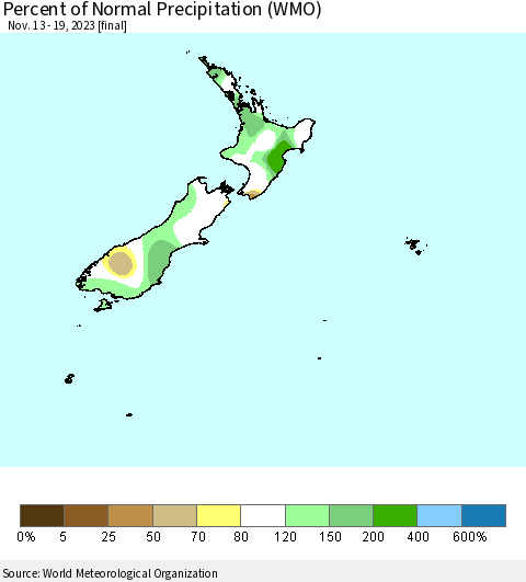New Zealand Percent of Normal Precipitation (WMO) Thematic Map For 11/13/2023 - 11/19/2023