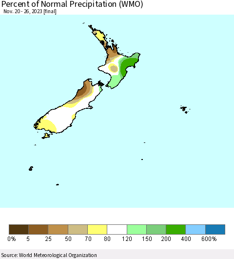 New Zealand Percent of Normal Precipitation (WMO) Thematic Map For 11/20/2023 - 11/26/2023