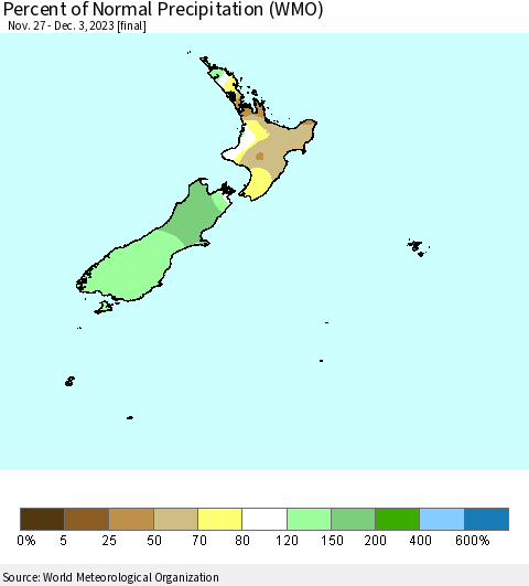 New Zealand Percent of Normal Precipitation (WMO) Thematic Map For 11/27/2023 - 12/3/2023