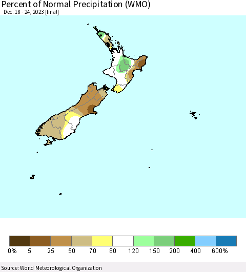 New Zealand Percent of Normal Precipitation (WMO) Thematic Map For 12/18/2023 - 12/24/2023