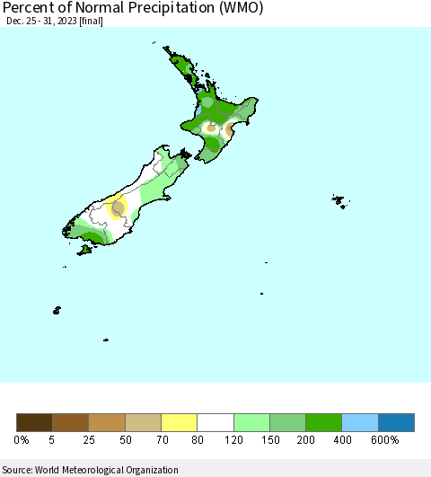 New Zealand Percent of Normal Precipitation (WMO) Thematic Map For 12/25/2023 - 12/31/2023