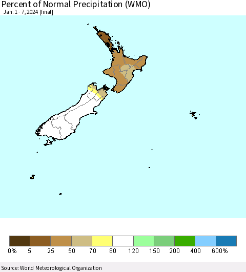 New Zealand Percent of Normal Precipitation (WMO) Thematic Map For 1/1/2024 - 1/7/2024