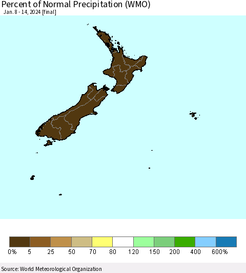 New Zealand Percent of Normal Precipitation (WMO) Thematic Map For 1/8/2024 - 1/14/2024