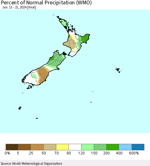 New Zealand Percent of Normal Precipitation (WMO) Thematic Map For 1/15/2024 - 1/21/2024