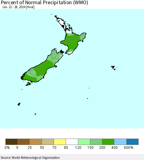 New Zealand Percent of Normal Precipitation (WMO) Thematic Map For 1/22/2024 - 1/28/2024