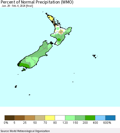 New Zealand Percent of Normal Precipitation (WMO) Thematic Map For 1/29/2024 - 2/4/2024