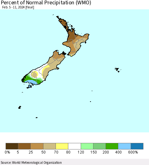 New Zealand Percent of Normal Precipitation (WMO) Thematic Map For 2/5/2024 - 2/11/2024