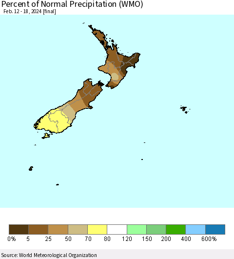 New Zealand Percent of Normal Precipitation (WMO) Thematic Map For 2/12/2024 - 2/18/2024