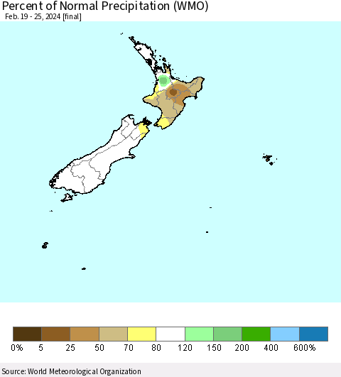 New Zealand Percent of Normal Precipitation (WMO) Thematic Map For 2/19/2024 - 2/25/2024