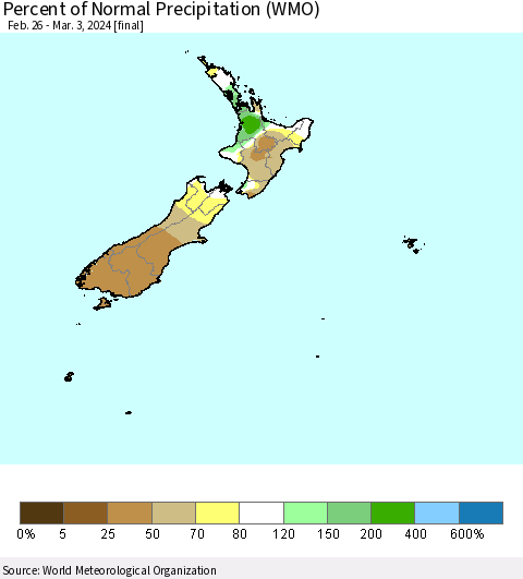 New Zealand Percent of Normal Precipitation (WMO) Thematic Map For 2/26/2024 - 3/3/2024