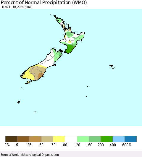 New Zealand Percent of Normal Precipitation (WMO) Thematic Map For 3/4/2024 - 3/10/2024