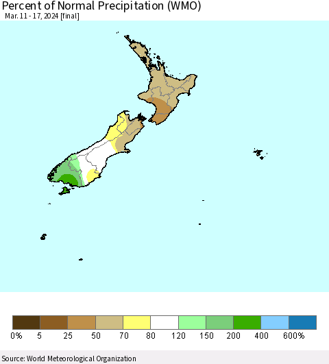 New Zealand Percent of Normal Precipitation (WMO) Thematic Map For 3/11/2024 - 3/17/2024