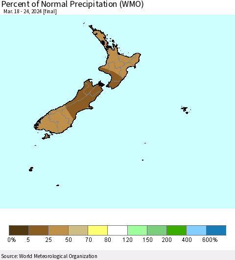 New Zealand Percent of Normal Precipitation (WMO) Thematic Map For 3/18/2024 - 3/24/2024