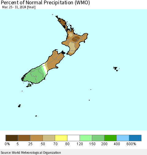 New Zealand Percent of Normal Precipitation (WMO) Thematic Map For 3/25/2024 - 3/31/2024