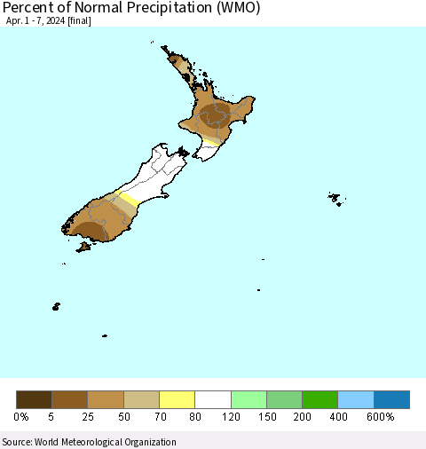 New Zealand Percent of Normal Precipitation (WMO) Thematic Map For 4/1/2024 - 4/7/2024