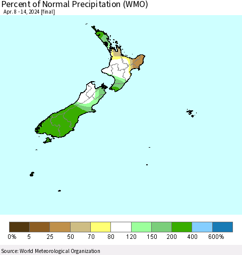 New Zealand Percent of Normal Precipitation (WMO) Thematic Map For 4/8/2024 - 4/14/2024