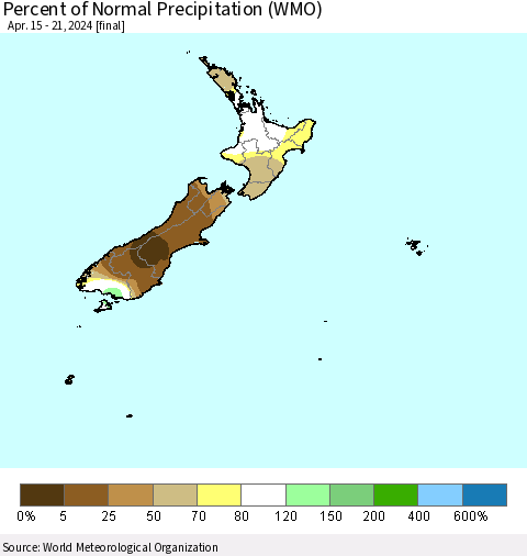New Zealand Percent of Normal Precipitation (WMO) Thematic Map For 4/15/2024 - 4/21/2024