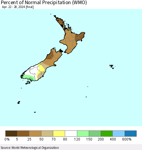 New Zealand Percent of Normal Precipitation (WMO) Thematic Map For 4/22/2024 - 4/28/2024