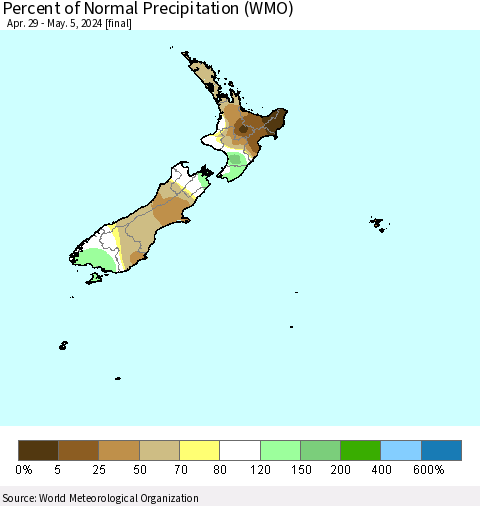 New Zealand Percent of Normal Precipitation (WMO) Thematic Map For 4/29/2024 - 5/5/2024