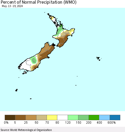 New Zealand Percent of Normal Precipitation (WMO) Thematic Map For 5/13/2024 - 5/19/2024