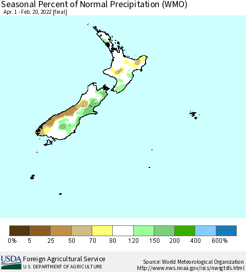New Zealand Seasonal Percent of Normal Precipitation (WMO) Thematic Map For 4/1/2021 - 2/20/2022