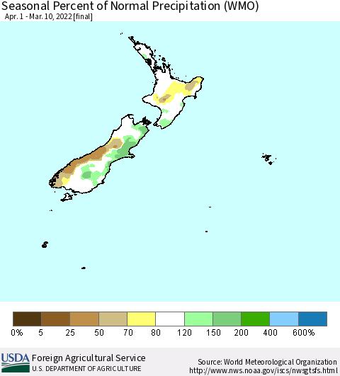 New Zealand Seasonal Percent of Normal Precipitation (WMO) Thematic Map For 4/1/2021 - 3/10/2022