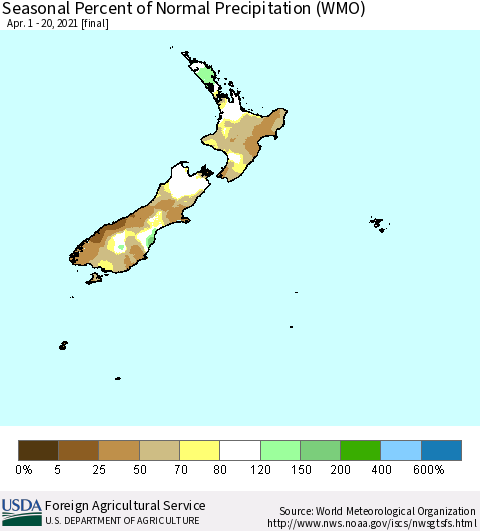 New Zealand Seasonal Percent of Normal Precipitation (WMO) Thematic Map For 4/1/2021 - 4/20/2021