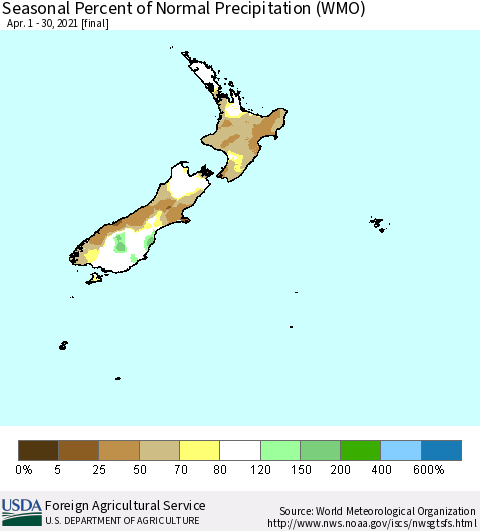New Zealand Seasonal Percent of Normal Precipitation (WMO) Thematic Map For 4/1/2021 - 4/30/2021