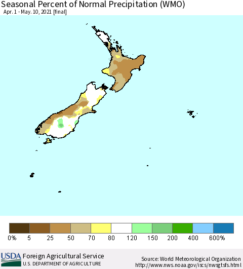 New Zealand Seasonal Percent of Normal Precipitation (WMO) Thematic Map For 4/1/2021 - 5/10/2021