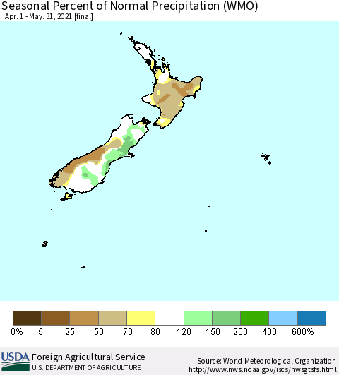 New Zealand Seasonal Percent of Normal Precipitation (WMO) Thematic Map For 4/1/2021 - 5/31/2021