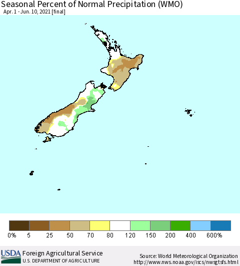 New Zealand Seasonal Percent of Normal Precipitation (WMO) Thematic Map For 4/1/2021 - 6/10/2021