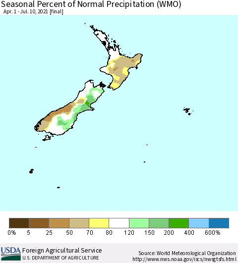 New Zealand Seasonal Percent of Normal Precipitation (WMO) Thematic Map For 4/1/2021 - 7/10/2021