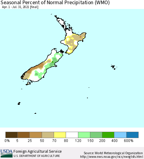 New Zealand Seasonal Percent of Normal Precipitation (WMO) Thematic Map For 4/1/2021 - 7/31/2021