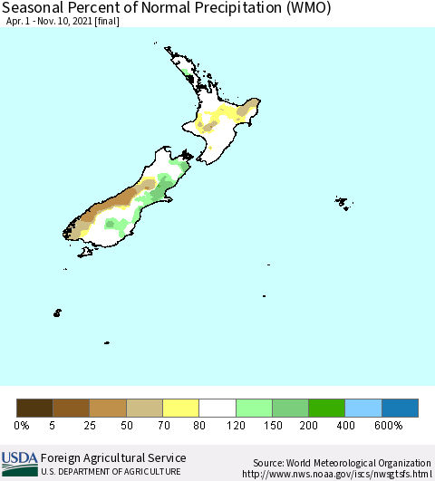 New Zealand Seasonal Percent of Normal Precipitation (WMO) Thematic Map For 4/1/2021 - 11/10/2021