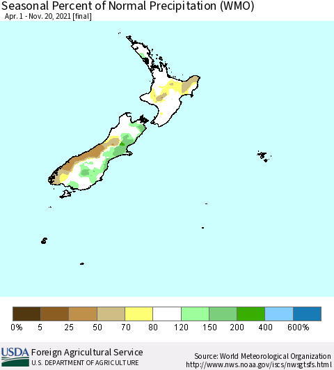 New Zealand Seasonal Percent of Normal Precipitation (WMO) Thematic Map For 4/1/2021 - 11/20/2021